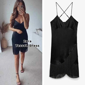 Zara Fringed Slip Mini Dress Black Size XS